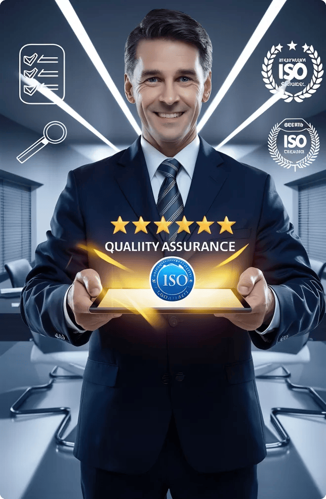 G-tech businessman holding tablet showing best quality assurance with golden five stars guaran 1