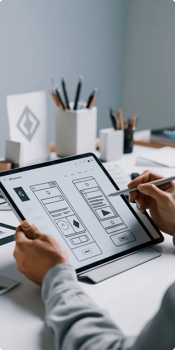 G-tech designer using tablet planning wireframe mobile website ux ui app development 1