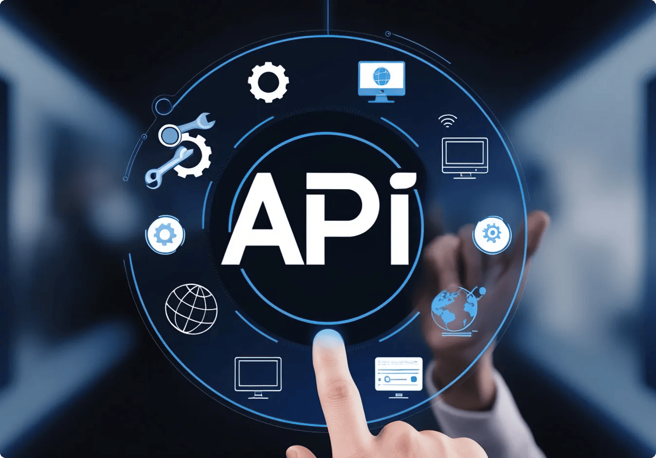 G-tech hand reaches towards futuristic digital interface with word 39api39 center surrounded by various icons representing technology development integration 1