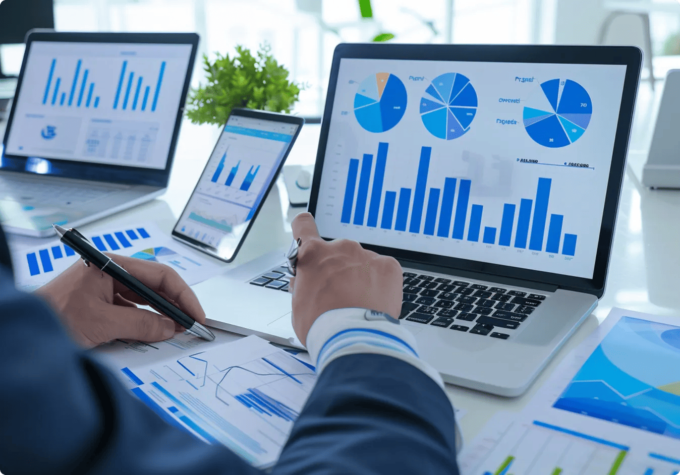 G-tech man is using cell phone screen with graphs charts 1