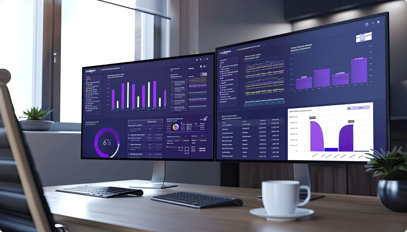 G-tech three computer screens techsavvy purple blue whitethemed data dashboards displaying advanced charts graphs all accompanied by cup tea table 1