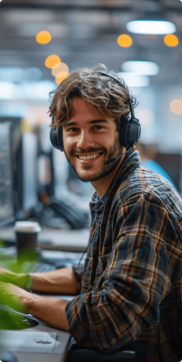 G-tech young man wearing headphones blue shirt smiling while working computer 1